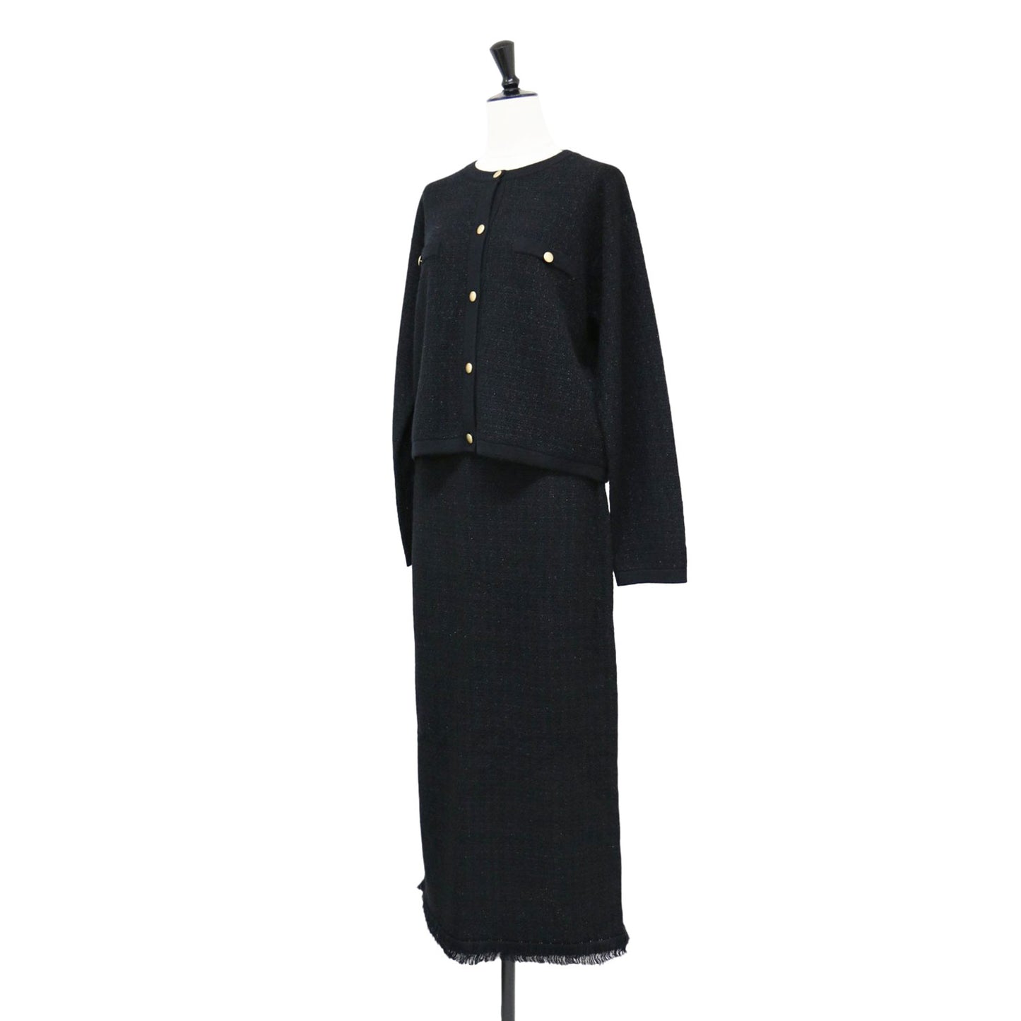 ツイード ニット カーデ スカート セットアップ / ノーカラー ロング丈 タイト 金ボタン フリンジ