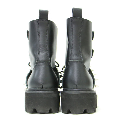 スタッズ コンバットブーツ / ショートブーツ ラウンドトゥ レースアップ ベルクロベルト ボリュームソール レザー