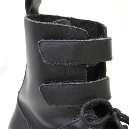 スタッズ コンバットブーツ / ショートブーツ ラウンドトゥ レースアップ ベルクロベルト ボリュームソール レザー