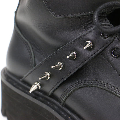 スタッズ コンバットブーツ / ショートブーツ ラウンドトゥ レースアップ ベルクロベルト ボリュームソール レザー