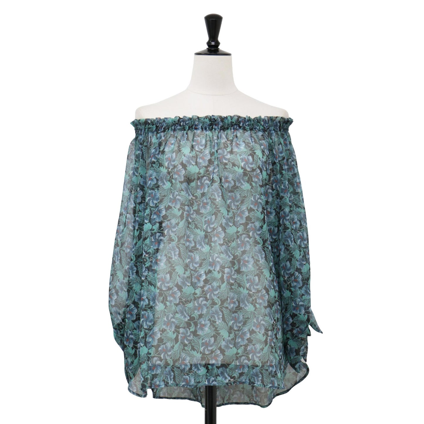 ブラック キャッツ フラワー 総柄 プルオーバー ブラウス / 7分袖 オフショルダー ギャザー 花柄 シフォン