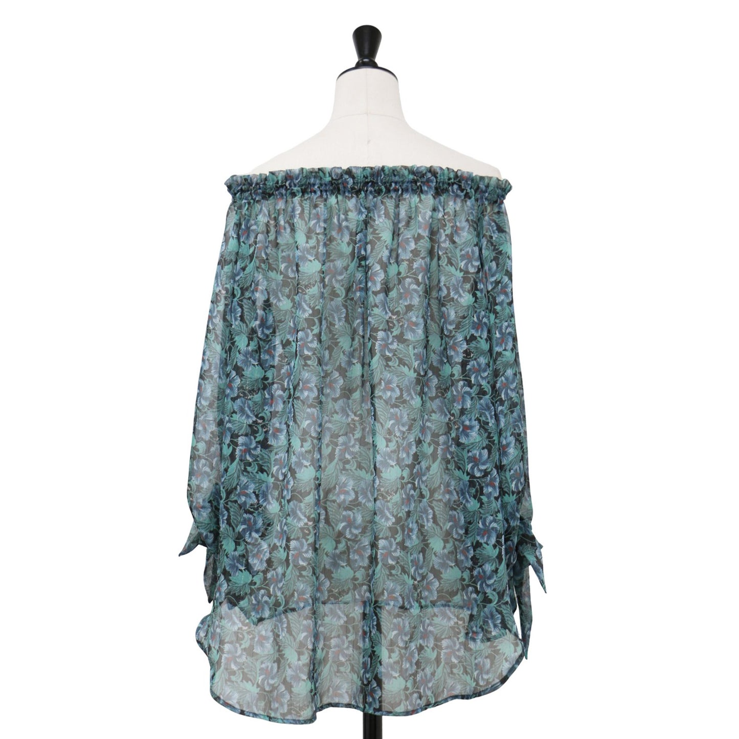 ブラック キャッツ フラワー 総柄 プルオーバー ブラウス / 7分袖 オフショルダー ギャザー 花柄 シフォン