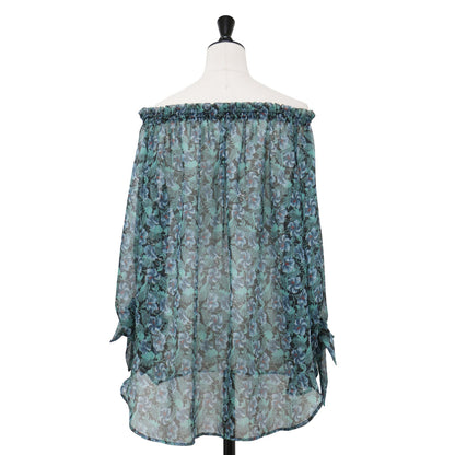 ブラック キャッツ フラワー 総柄 プルオーバー ブラウス / 7分袖 オフショルダー ギャザー 花柄 シフォン