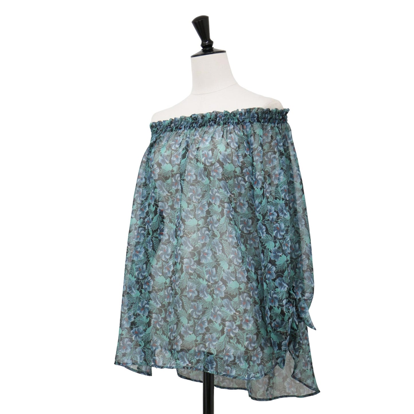 ブラック キャッツ フラワー 総柄 プルオーバー ブラウス / 7分袖 オフショルダー ギャザー 花柄 シフォン