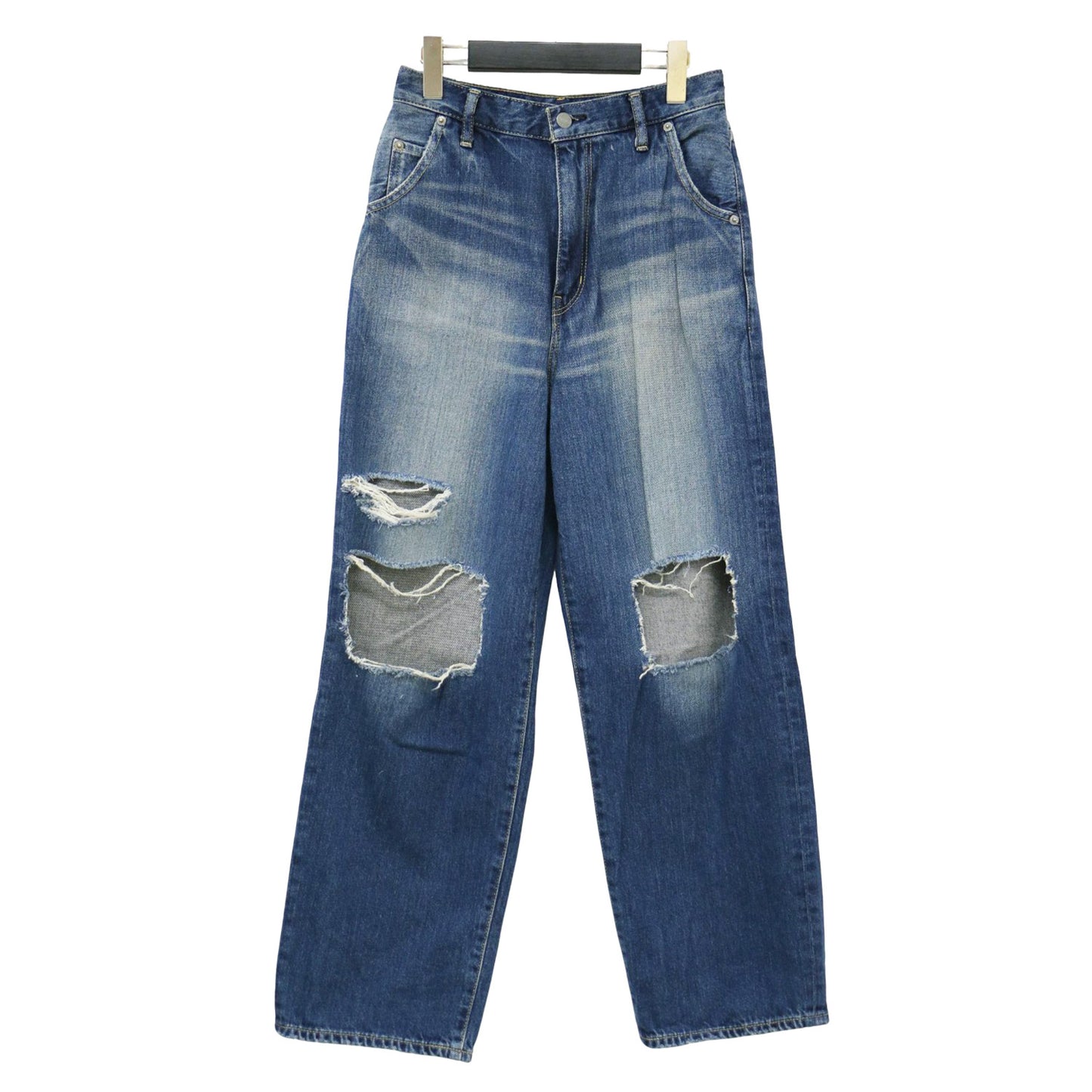 KC加工 ワイド デニムパンツ / ハイウエスト ダメージ加工 コットン