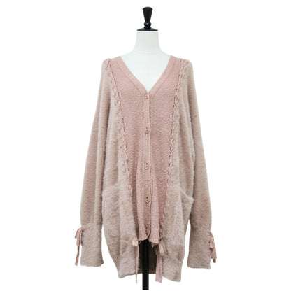 Vネック レースアップ カーディガン / ミドル丈 長袖 シャギー オーバーサイズ コットン