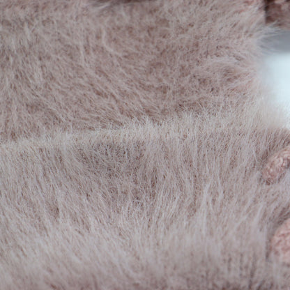 Vネック レースアップ カーディガン / ミドル丈 長袖 シャギー オーバーサイズ コットン