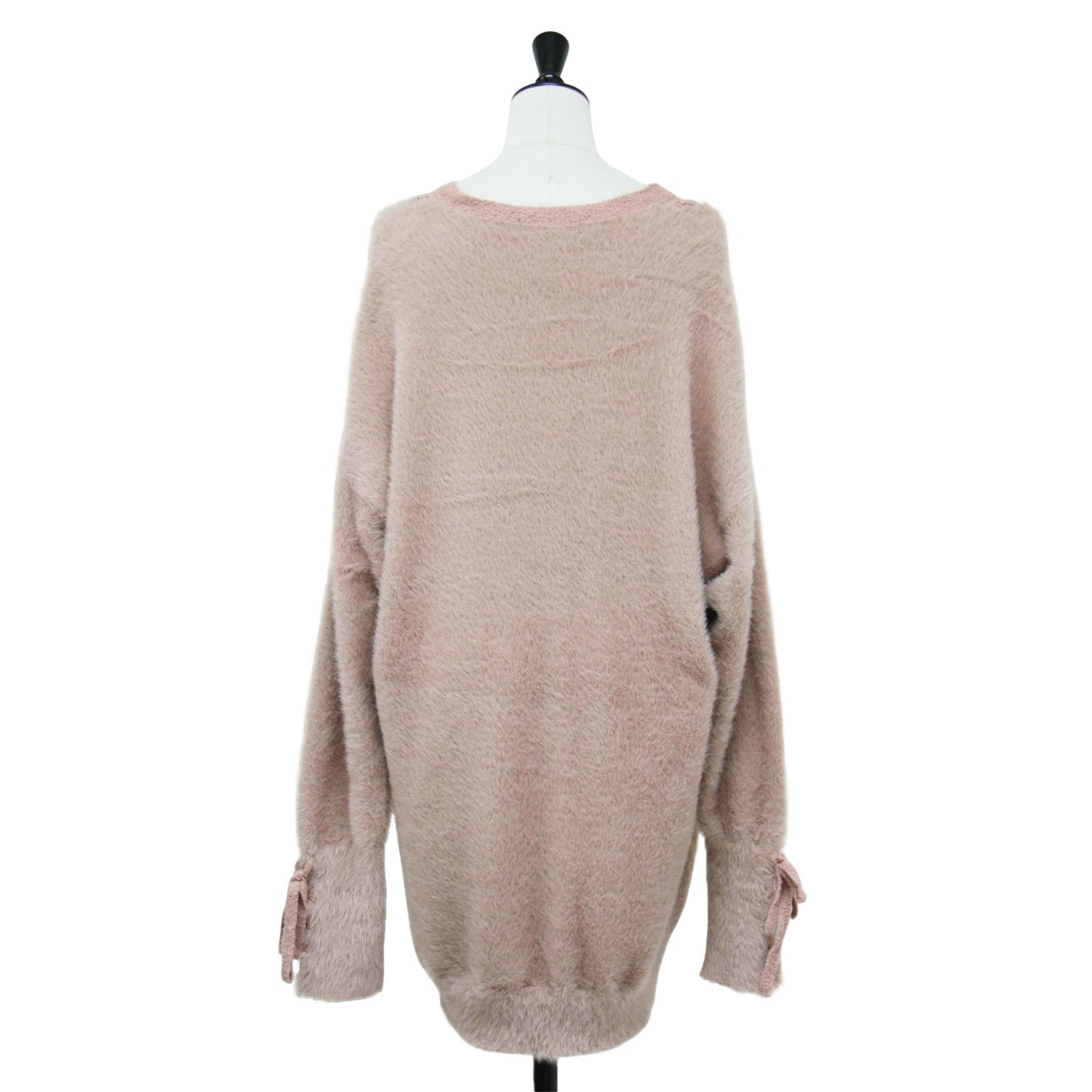 Vネック レースアップ カーディガン / ミドル丈 長袖 シャギー オーバーサイズ コットン