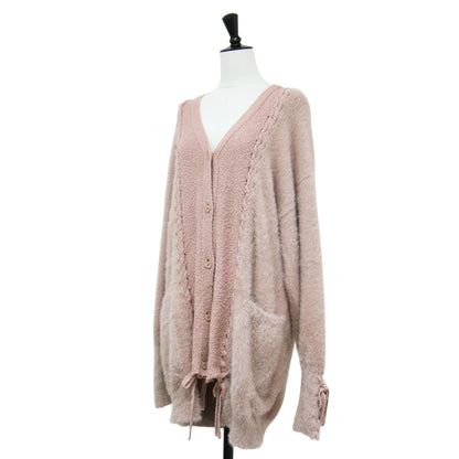 Vネック レースアップ カーディガン / ミドル丈 長袖 シャギー オーバーサイズ コットン