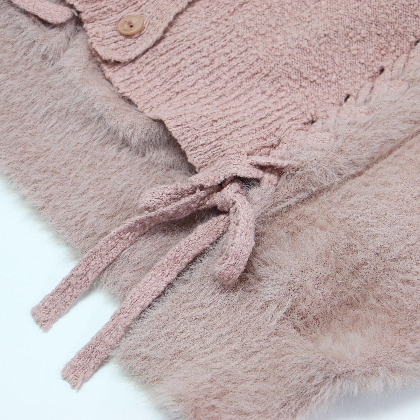 Vネック レースアップ カーディガン / ミドル丈 長袖 シャギー オーバーサイズ コットン