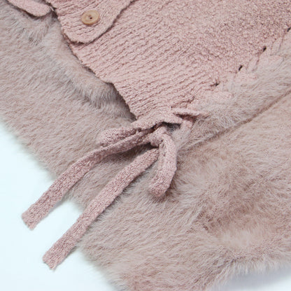 Vネック レースアップ カーディガン / ミドル丈 長袖 シャギー オーバーサイズ コットン