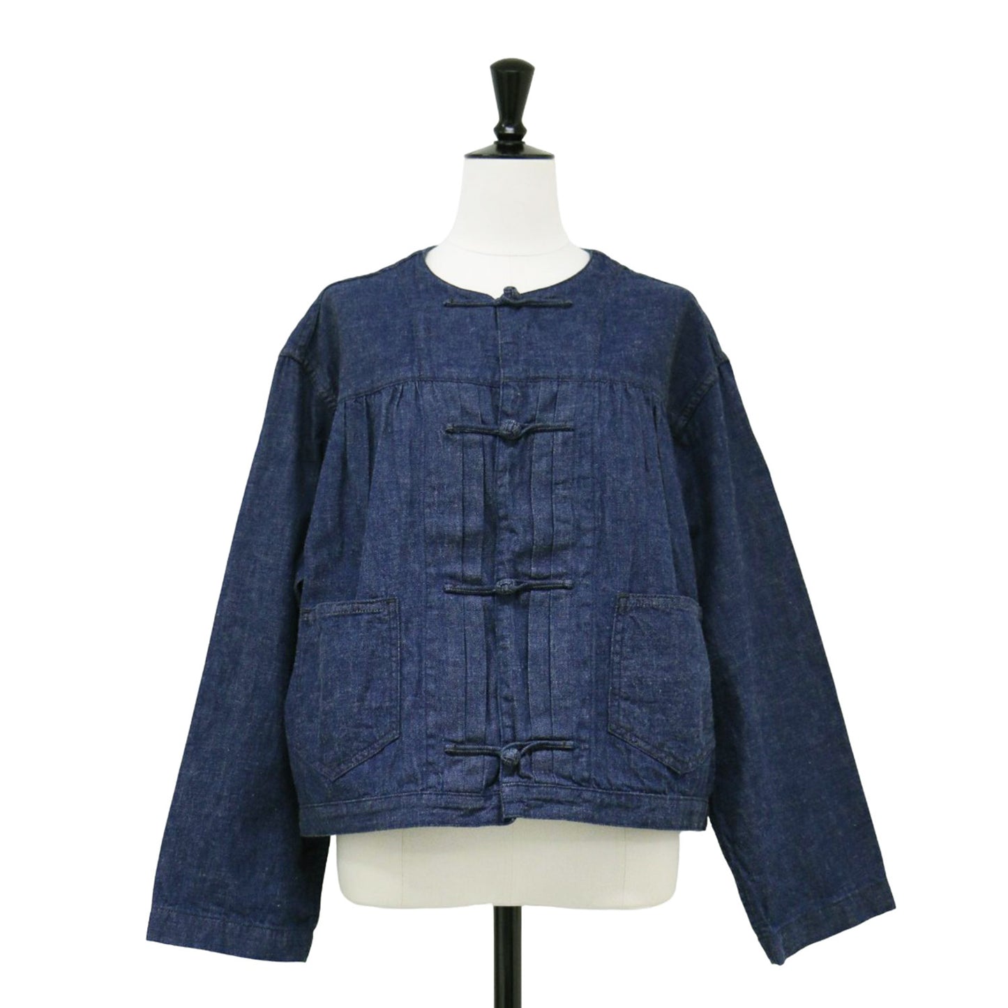 フロッグボタン ノーカラー デニム ジャケット / シャツ ショート丈 長袖 チャイナボタン コットン