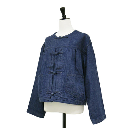フロッグボタン ノーカラー デニム ジャケット / シャツ ショート丈 長袖 チャイナボタン コットン