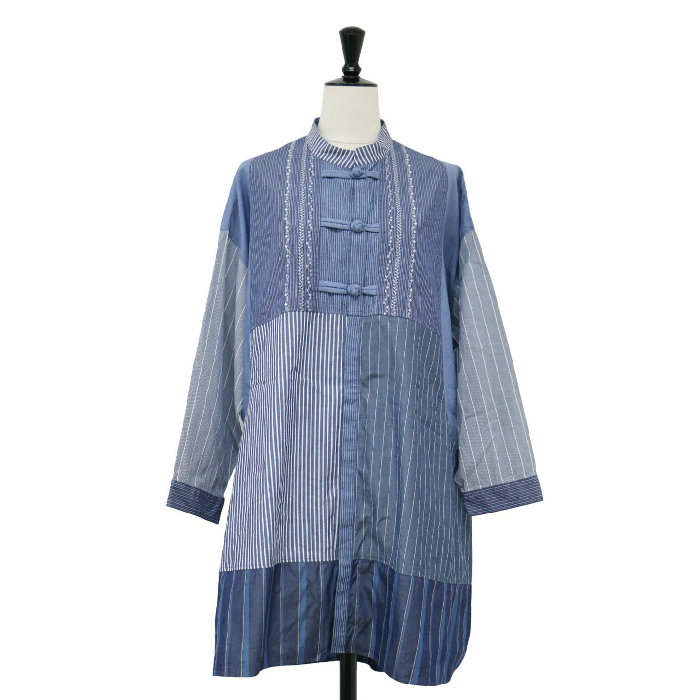 × TORI-TO チャイナ シャツ / チュニック 長袖 バンドカラー ストライプ パッチワーク コットン