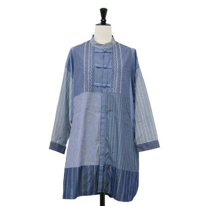 × TORI-TO チャイナ シャツ / チュニック 長袖 バンドカラー ストライプ パッチワーク コットン