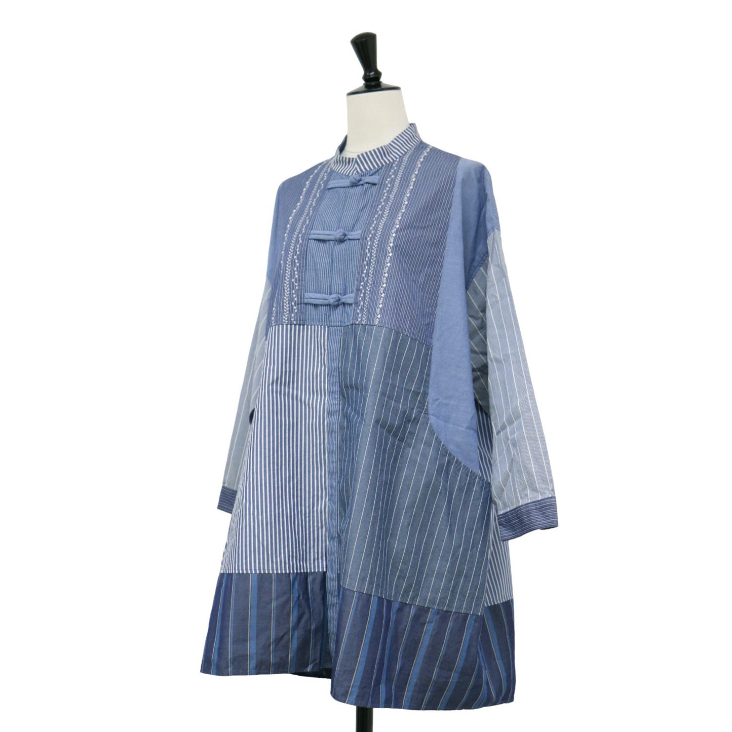 × TORI-TO チャイナ シャツ / チュニック 長袖 バンドカラー ストライプ パッチワーク コットン