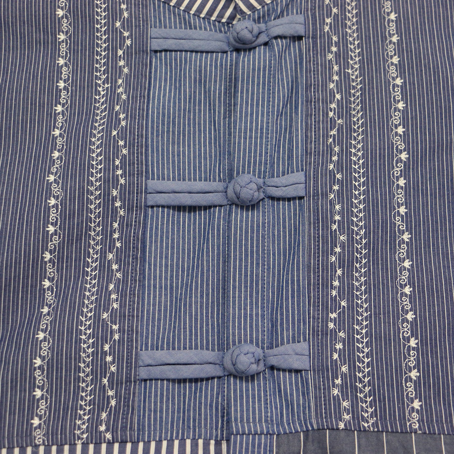 × TORI-TO チャイナ シャツ / チュニック 長袖 バンドカラー ストライプ パッチワーク コットン