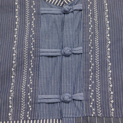 × TORI-TO チャイナ シャツ / チュニック 長袖 バンドカラー ストライプ パッチワーク コットン