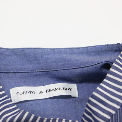 × TORI-TO チャイナ シャツ / チュニック 長袖 バンドカラー ストライプ パッチワーク コットン