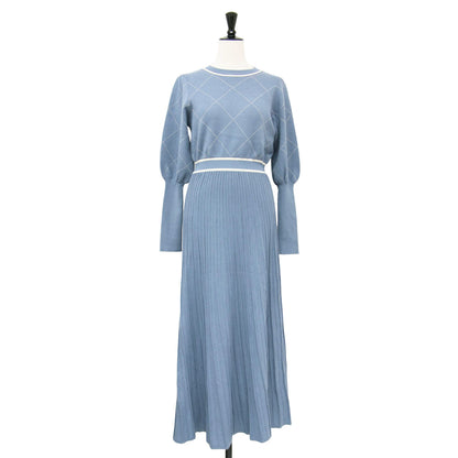 23AW バイアスチェック ニット ワンピース / ロング丈 クルーネック 長袖 マトンスリーブ フレア 切替