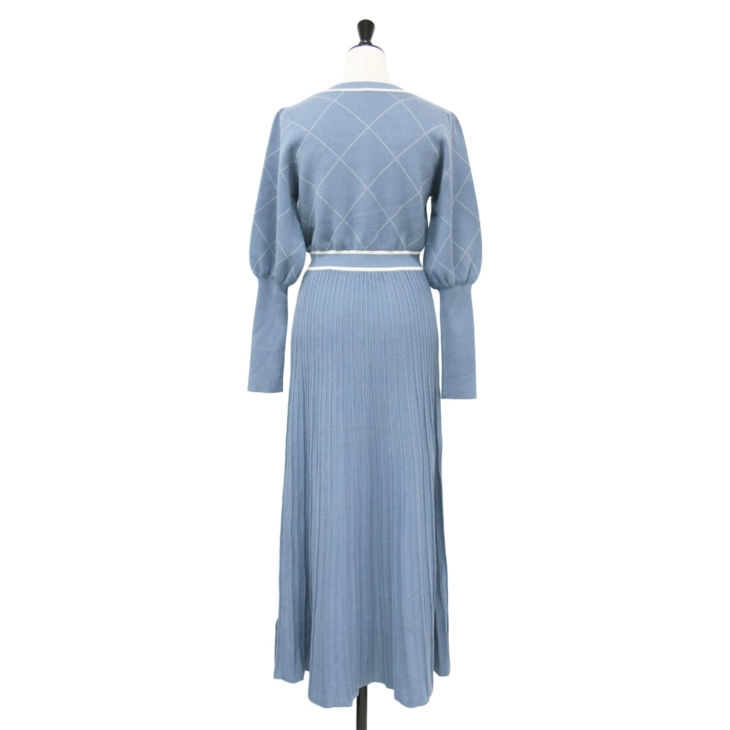 23AW バイアスチェック ニット ワンピース / ロング丈 クルーネック 長袖 マトンスリーブ フレア 切替