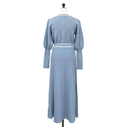 23AW バイアスチェック ニット ワンピース / ロング丈 クルーネック 長袖 マトンスリーブ フレア 切替