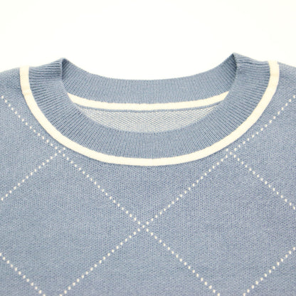 23AW バイアスチェック ニット ワンピース / ロング丈 クルーネック 長袖 マトンスリーブ フレア 切替