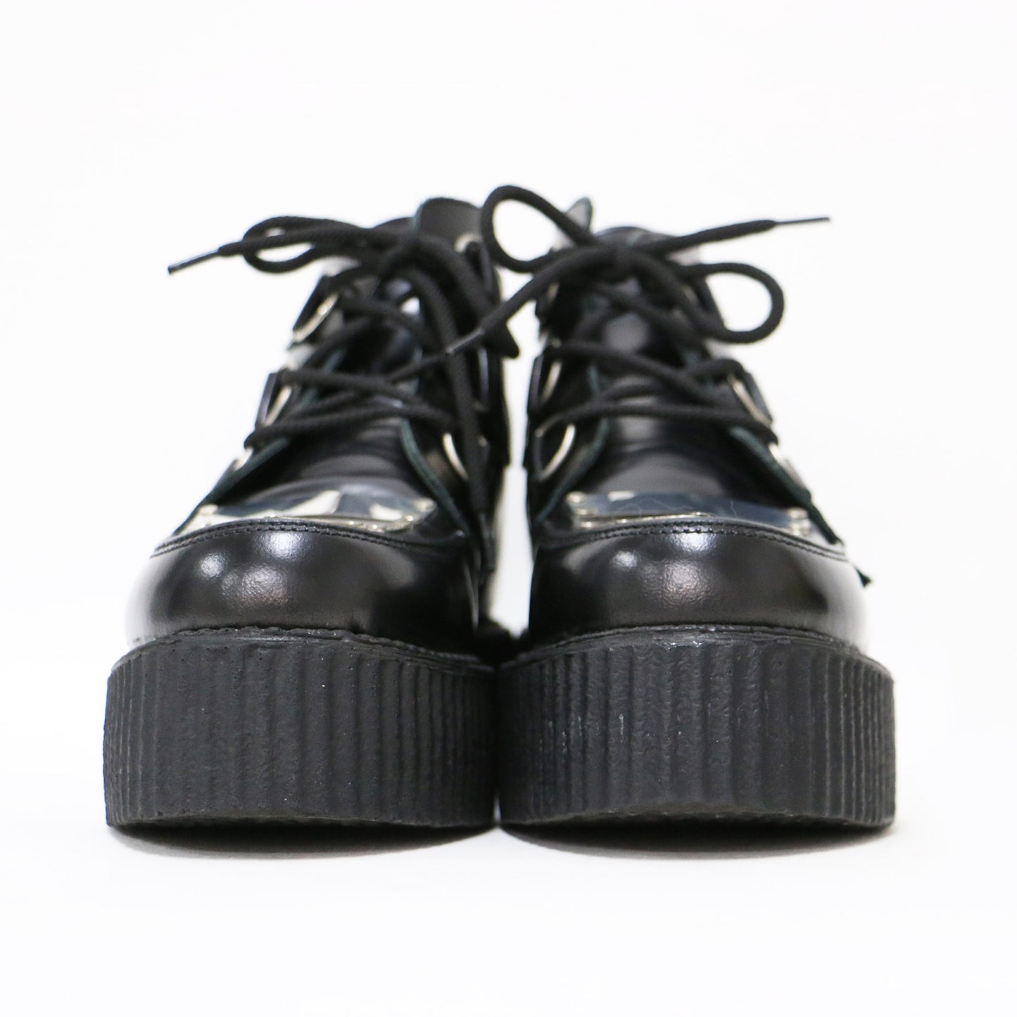 × UNDERGROUND(R) 別注 メタルパーツ付き レザー ショートブーツ / BLACK LEATHER BOOTS WITH METAL PLATES レースアップ 厚底