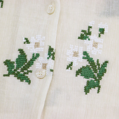 フラワーエンブロイダリー 開襟 シャツ / 5分袖 オープンカラー 花柄 刺繍 楊柳素材