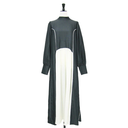 23秋冬 切替 パイピング ワンピース / ドレス 長袖 ボトルネック パフスリーブ マキシ丈 ストレッチ