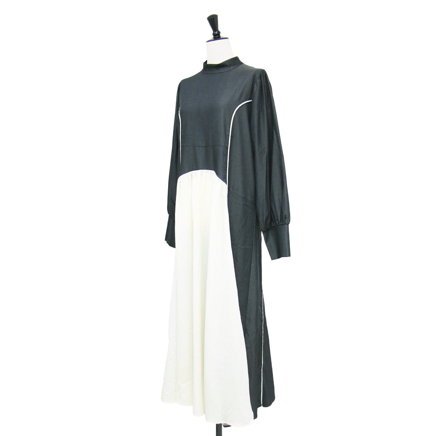 23秋冬 切替 パイピング ワンピース / ドレス 長袖 ボトルネック パフスリーブ マキシ丈 ストレッチ