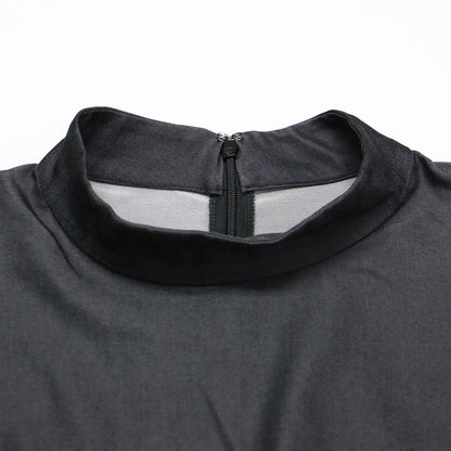 23秋冬 切替 パイピング ワンピース / ドレス 長袖 ボトルネック パフスリーブ マキシ丈 ストレッチ