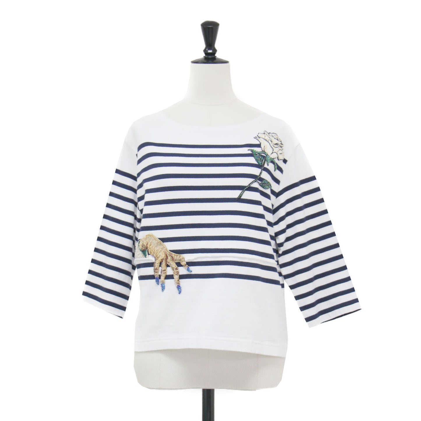 25春夏 伊勢丹新宿店限定 リメイク ボーダー Tシャツ / カットソー バスクシャツ 七分袖 ボートネックビーズ刺繍 コットン