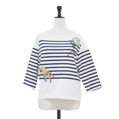 25春夏 伊勢丹新宿店限定 リメイク ボーダー Tシャツ / カットソー バスクシャツ 七分袖 ボートネックビーズ刺繍 コットン