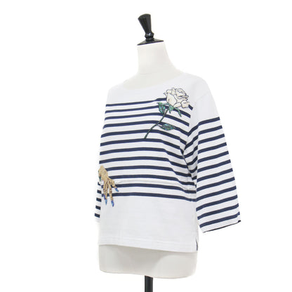 25春夏 伊勢丹新宿店限定 リメイク ボーダー Tシャツ / カットソー バスクシャツ 七分袖 ボートネックビーズ刺繍 コットン
