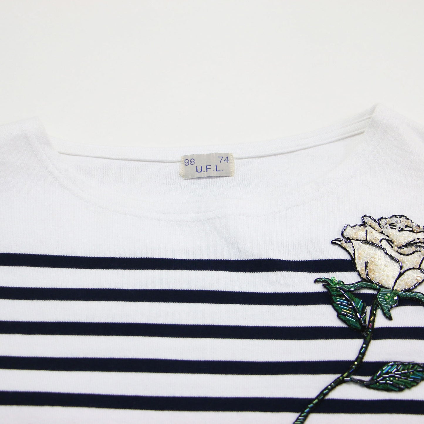 25春夏 伊勢丹新宿店限定 リメイク ボーダー Tシャツ / カットソー バスクシャツ 七分袖 ボートネックビーズ刺繍 コットン
