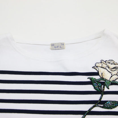 25春夏 伊勢丹新宿店限定 リメイク ボーダー Tシャツ / カットソー バスクシャツ 七分袖 ボートネックビーズ刺繍 コットン