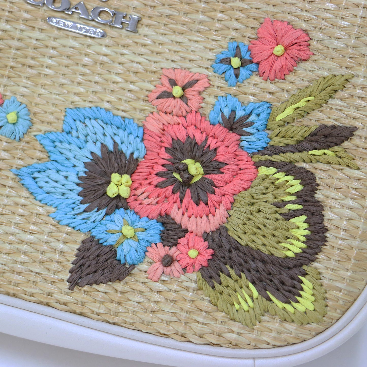 フローラル エンブロイダリー ハンドバッグ / 花柄 刺繍 かご ストロー スムースレザー