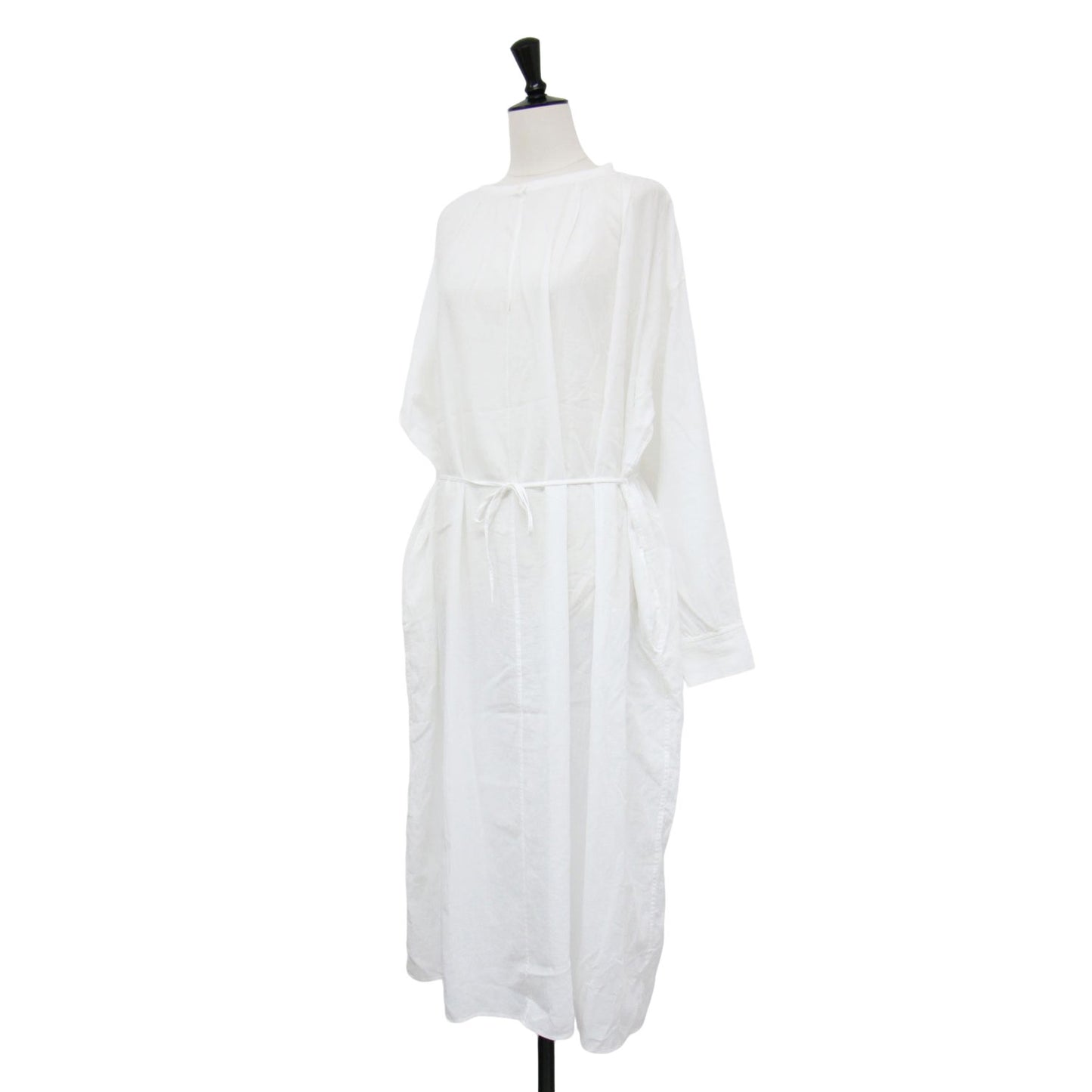 コットン ボリューム ワンピース / ロング丈 長袖 ノーカラー