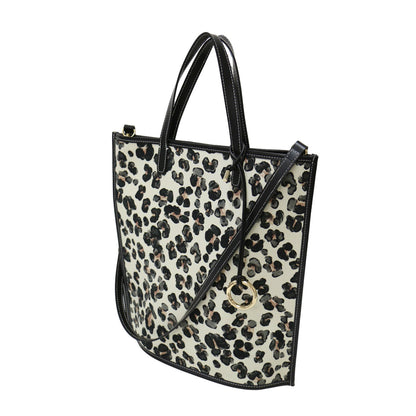 アニマルプリント フラット トートバッグ / FLAT TOTE 2WAY レオパード ヒョウ柄 キャンバス コットン レザー 牛革