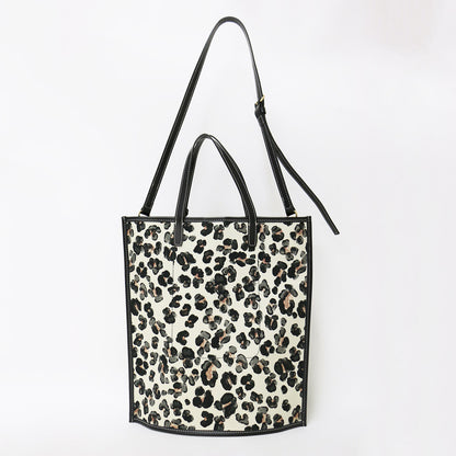 アニマルプリント フラット トートバッグ / FLAT TOTE 2WAY レオパード ヒョウ柄 キャンバス コットン レザー 牛革
