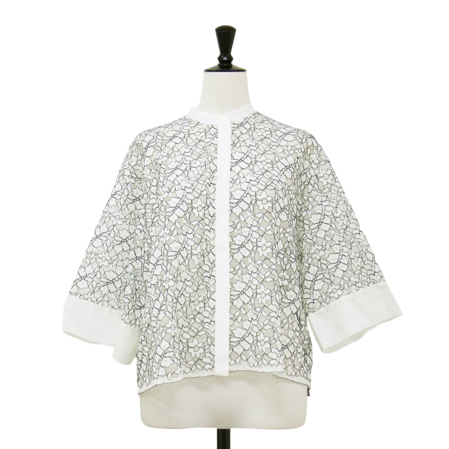 24秋冬 リーフコードレース ハーフスリーブ ブラウス / 半袖 スタンドカラー ボックスシルエット