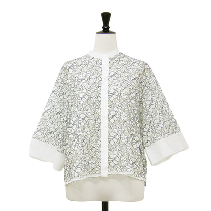 24秋冬 リーフコードレース ハーフスリーブ ブラウス / 半袖 スタンドカラー ボックスシルエット