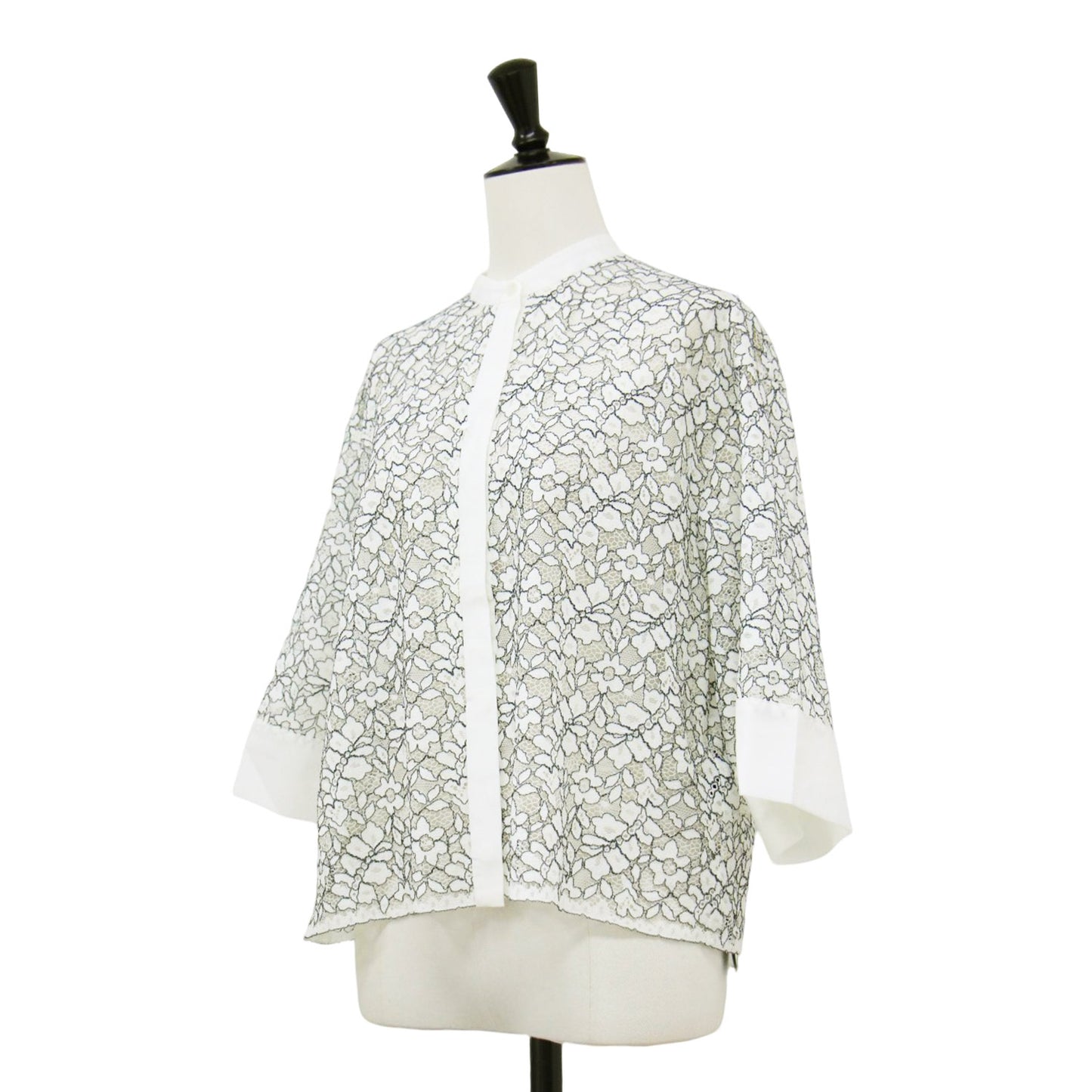 24秋冬 リーフコードレース ハーフスリーブ ブラウス / 半袖 スタンドカラー ボックスシルエット