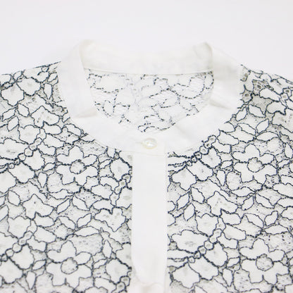 24秋冬 リーフコードレース ハーフスリーブ ブラウス / 半袖 スタンドカラー ボックスシルエット