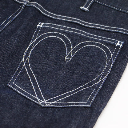 ハート ポケット フレア デニム パンツ / ハイウエスト 刺繍 コットン
