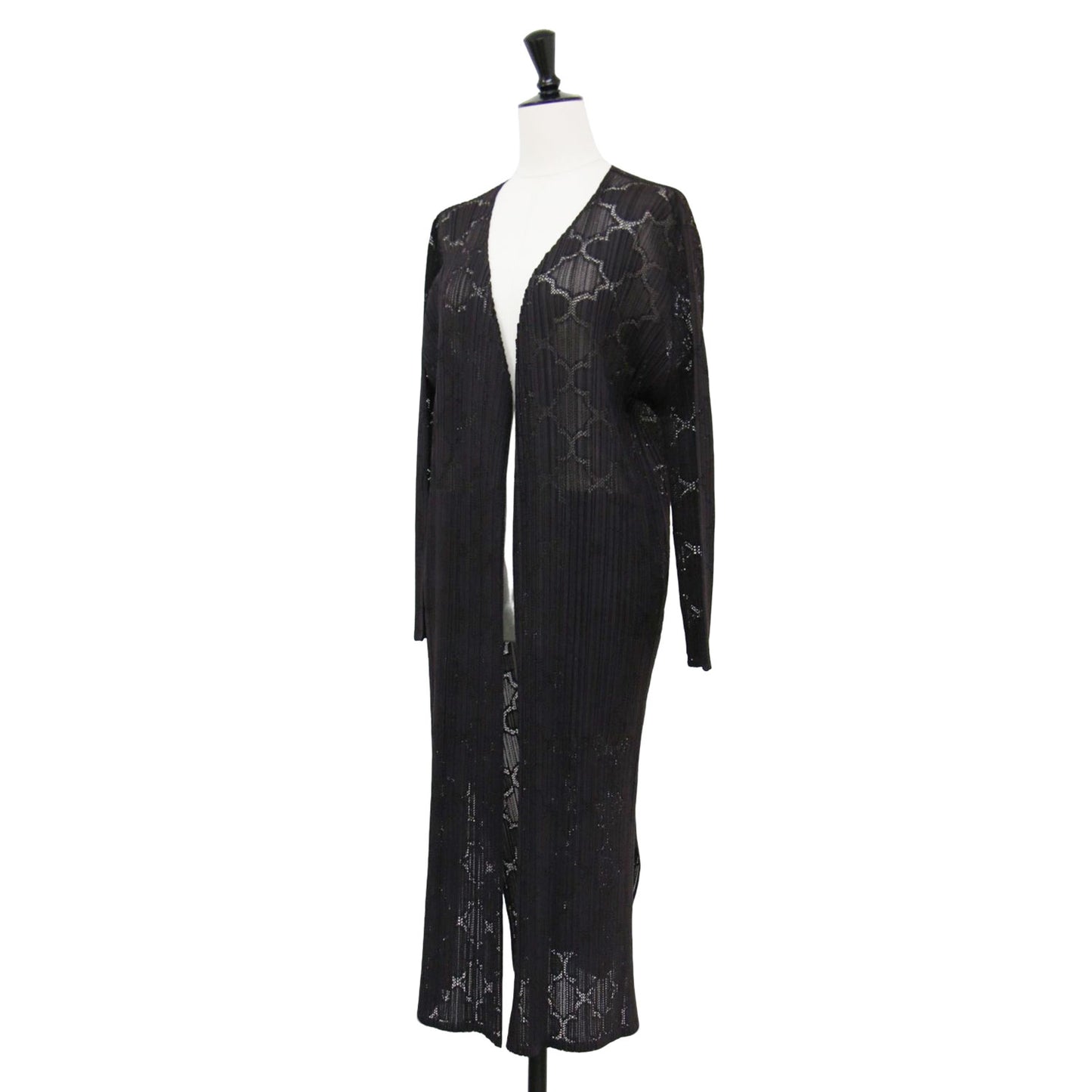 レース ロング カーディガン / ガウン 長袖 ボタンレス シアー スリット プリーツ ウォッシャブル