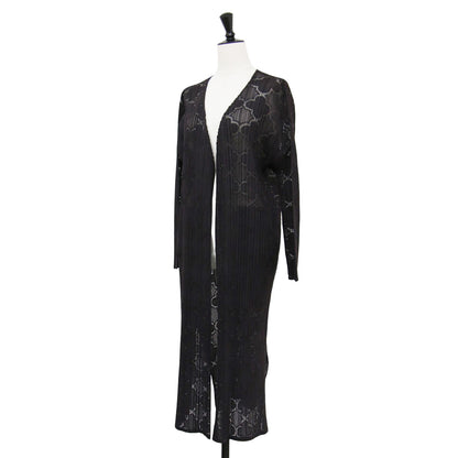 レース ロング カーディガン / ガウン 長袖 ボタンレス シアー スリット プリーツ ウォッシャブル