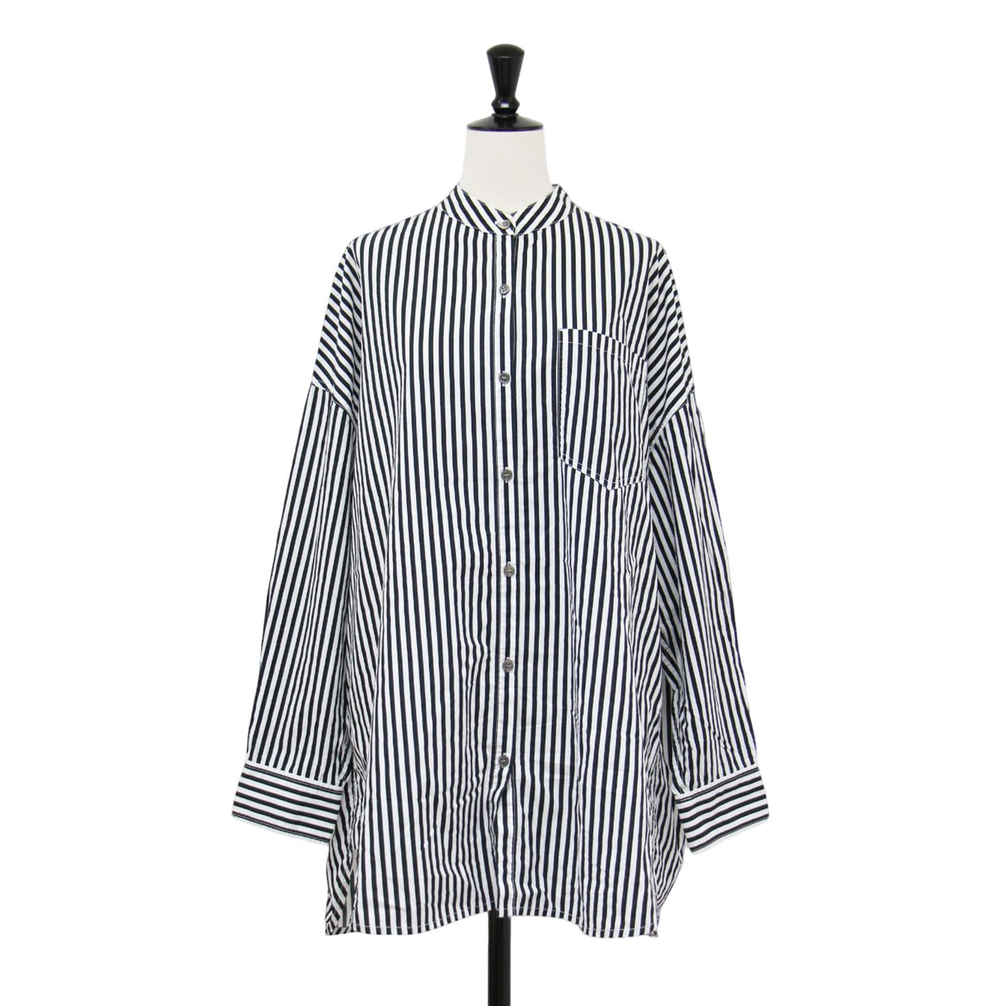 バンドカラー ストライプ シャツ / 長袖 ロング丈 ドロップショルダー ワイド コットン