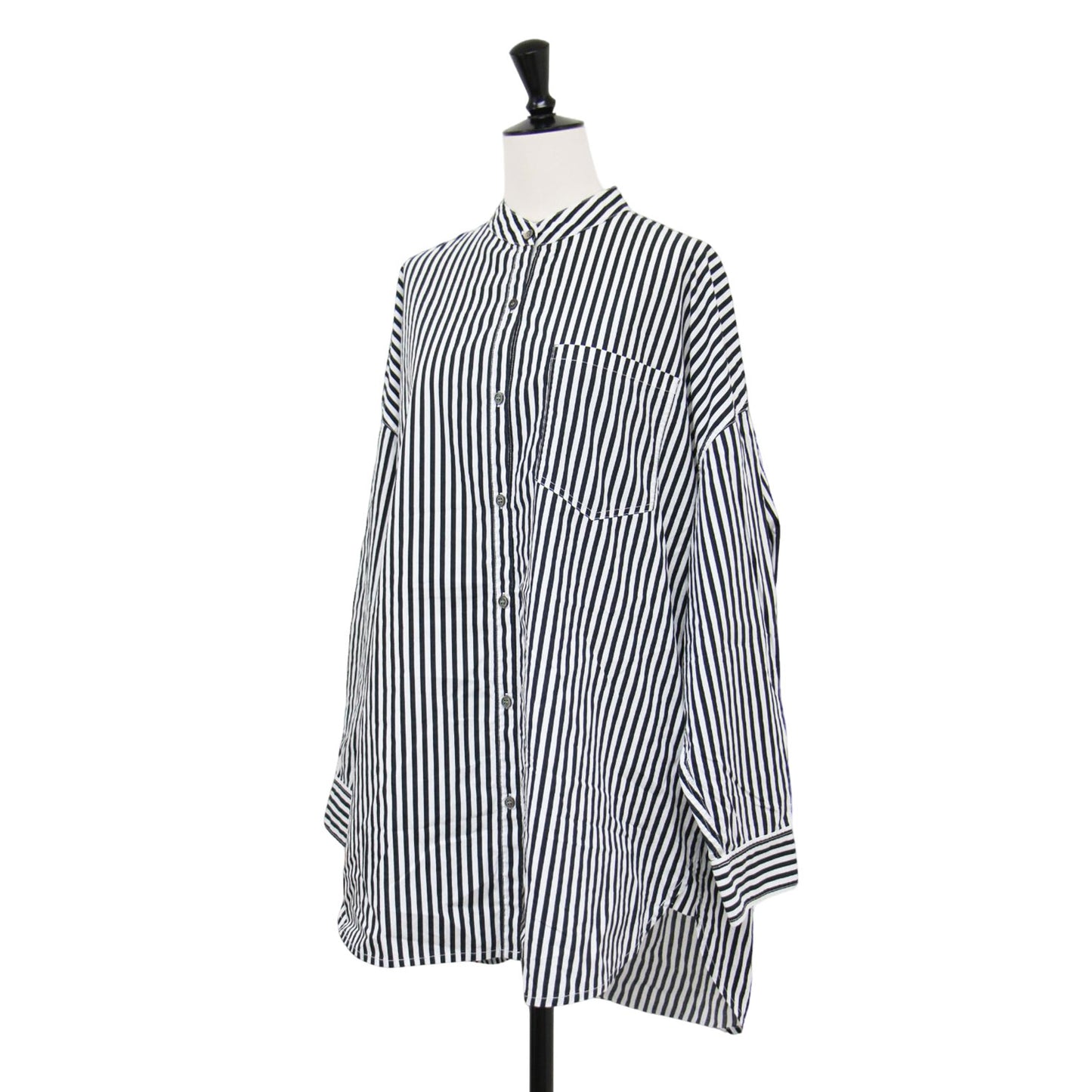 バンドカラー ストライプ シャツ / 長袖 ロング丈 ドロップショルダー ワイド コットン